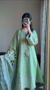 Mint Green 3-Piece Embroidered Cotton Suit – By Attirepret - Brands Kahani